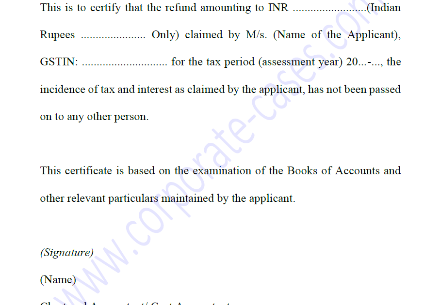 Chartered Accountant (CA) Certificate Format for GST Refund
