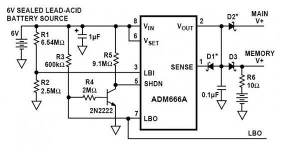 https://www.unboxing.eu.org/2021/04/low-battery-disconnect-and-memory-backup-circuit-in-the-ad666a-application-note.html Low Battery Disconnect and Memory Backup Circuit in the ADM666A Application Note