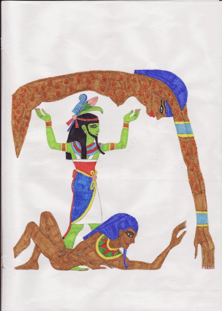 Ze shora dolů: Nut (bohyně oblohy), Šu (bůh vzduchu) a Geb (bůh země)/vytvořil M. C. EGYPTO