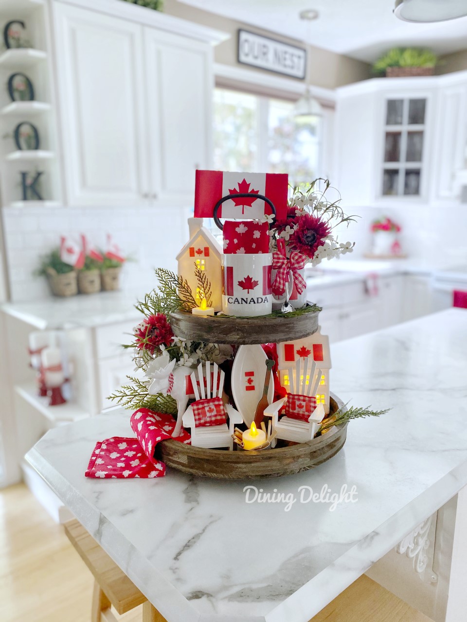 Dining Delight Tiered Tray Decorated for Canada Day