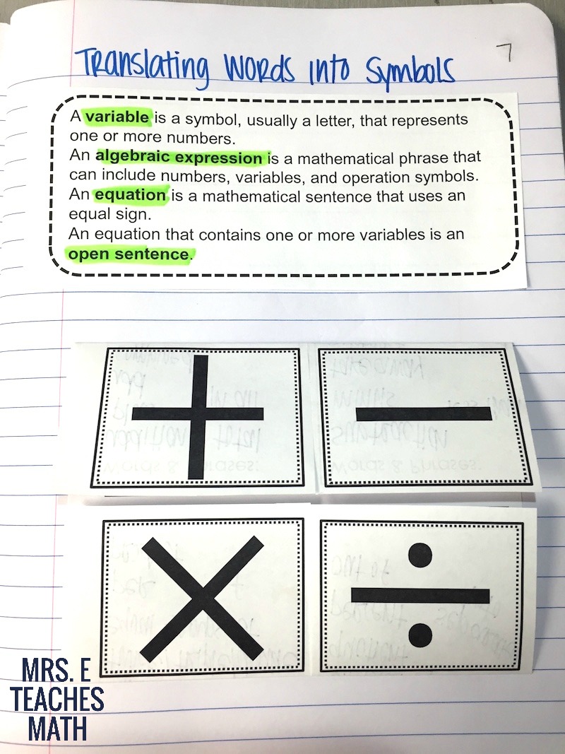 Translating Words to Expressions INB Pages  Mrs. E Teaches Math With Translating Algebraic Expressions Worksheet