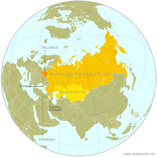 Map of the Eurasian Economic Union (EEU), also known as the Eurasian Union. Includes new member Armenia, as well as prior members Russia, Belarus, and Kazakhstan, and disputed territories Crimea and Nagorno-Karabakh.