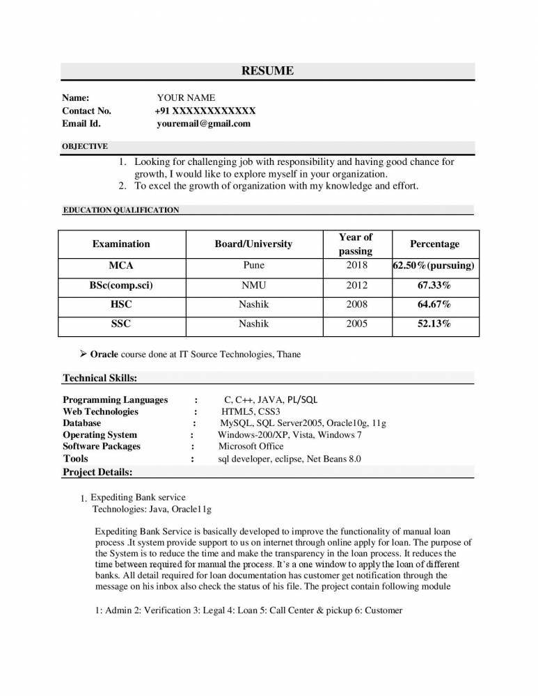 MCA CV/Resume Format For Job - Free Download !! - Resume ...