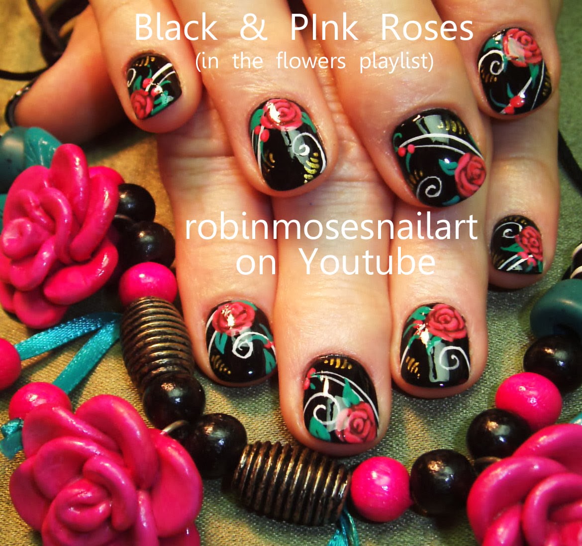 types of flowers on valentine's day Rose Pink and Black Nail Art | 1170 x 1097