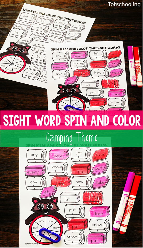 FREE printable Camping theme sight words game, great for kindergarten kids! Spin the raccoon spinner, read the sight word and color the matching sight word on one of the logs on the worksheet. Fun camping themed literacy activity!