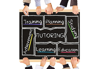 chalkboard held by 4 hands on top and bottom that reads tutoring in the center surrounded by the words achievement, learning, education, studying, planning, and training