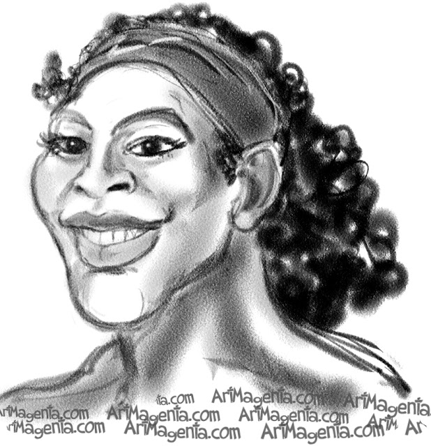 Serena Williams caricature cartoon. Portrait drawing by caricaturist Artmagenta