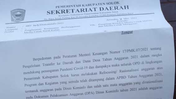 surat Sekretaris Daerah Kabupaten Solok Azwirman