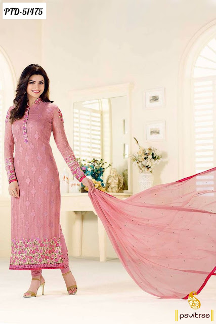 pink color santoon Prachi Desai embroidered bollywood churidar salwar kameez 2016 online shopping at lowest price