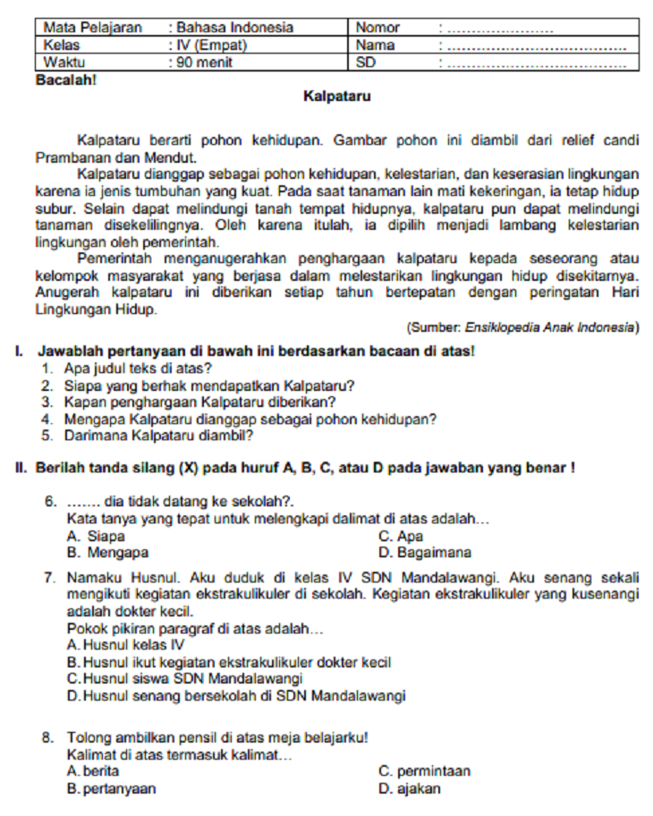 contoh soal essay bahasa indonesia kelas 4