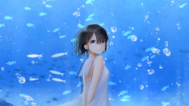 Wallpaper girl, aquarium fish, cute smile, anime