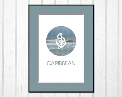 Caribbean poster with ocean view and anchor framed