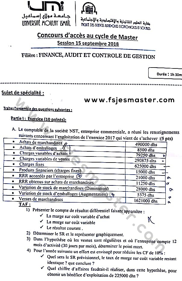 Exemple Concours Master Finance Audit et Contrôle de Gestion 2018-2019 - Fsjes Meknès