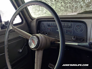 The 1965 Chevy C-20 steering wheel and instrument panel is in much better shape than the exterior.