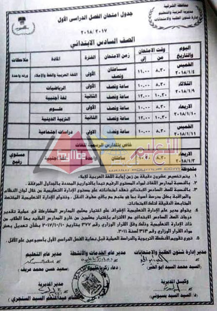  جداول امتحانات محافظة الشرقية الترم الأول 2018 5-4
