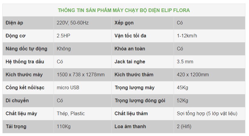 Máy chạy bộ điện đơn năng Elip Flora