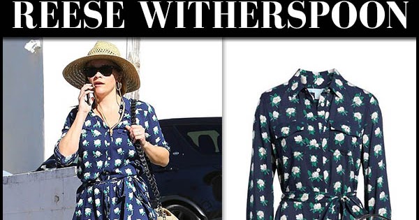 Reese Witherspoon in navy floral shirt dress in Santa Monica on