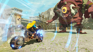 Zelda running on her motor cycle into a Hinox