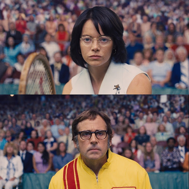 Emma Stone and Steve Carell as Billie Jean King and Bobby Riggs respectively. emma stone steve carell battle of sexes movie still