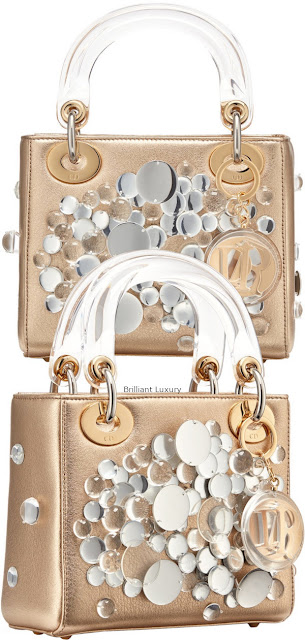 ♦Lady Dior bag, gold color metallized lambskin embroidered with transparent lenses, designer Haruka Kojin