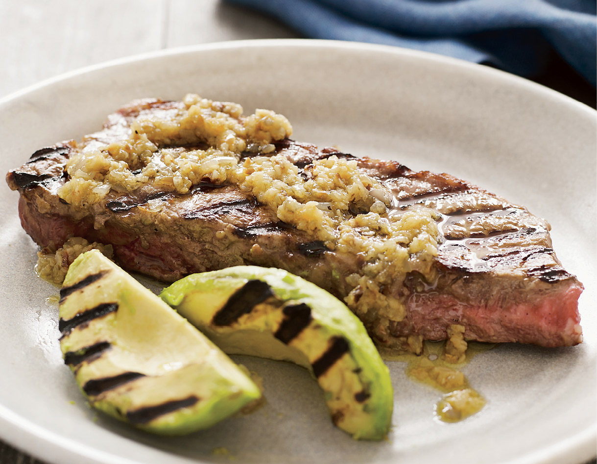 Grilled steak with garlicshallot puree and avocado recipe