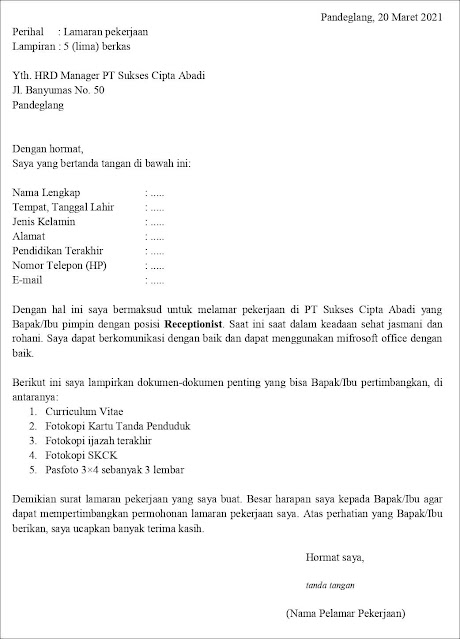 Contoh Surat Lamaran Kerja Receptionist Untuk Fresh Graduate Berdasarkan Inisiatif Sendiri Contoh Surat Lamaran Kerja Untuk Receptionist (Fresh Graduate)