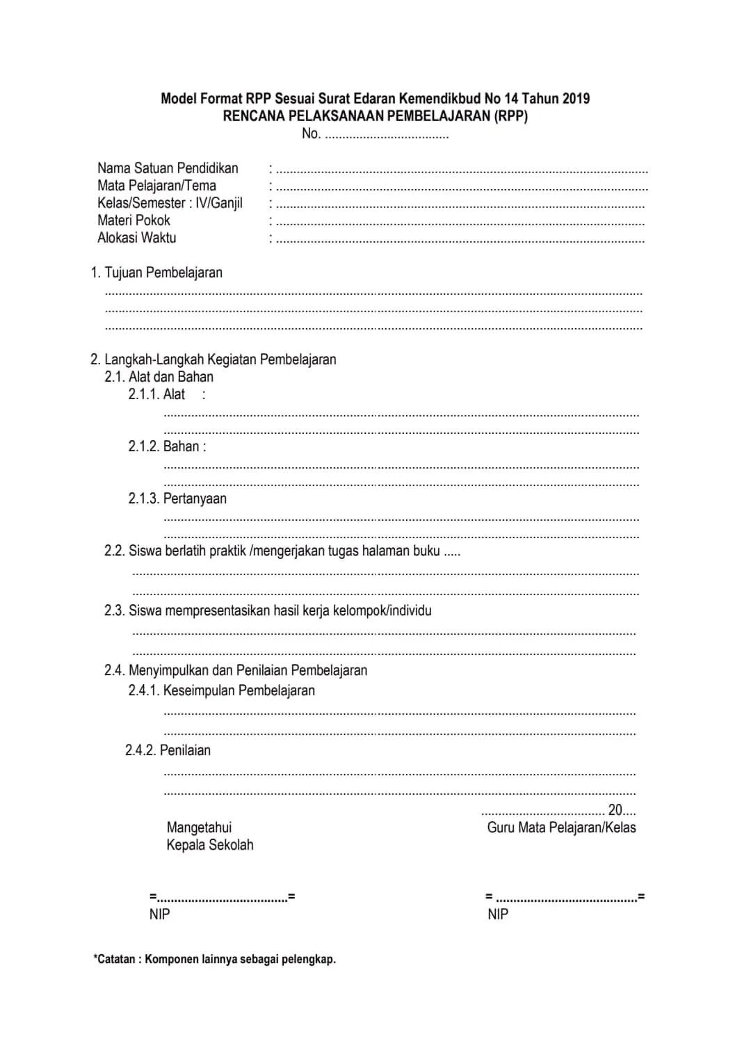 Berikut Format / Contoh Model RPP 1 halaman / lembar - ePanrita.com