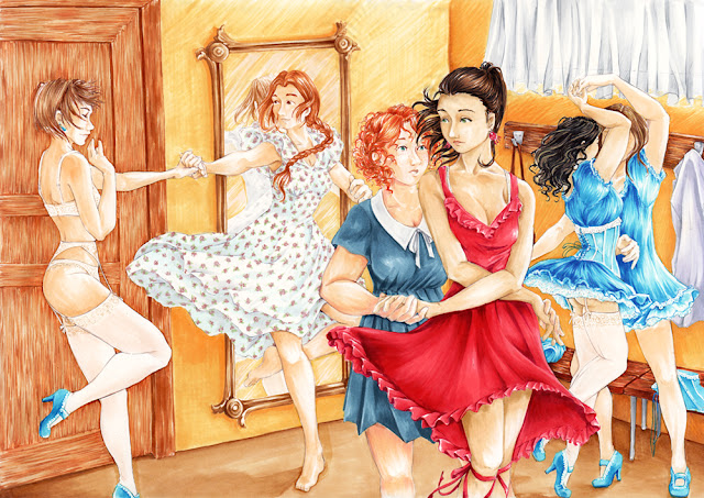 Danse entre filles - illustration au copic