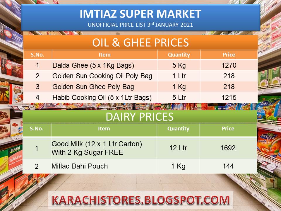 Imtiaz Super Market Jan 2021 Price List Oil, Ghee & Dairy