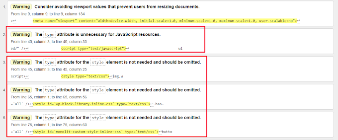 How to fix type attribute related warning in WordPress for W3 validator ?