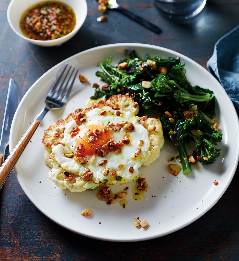 Dukan Diet Primer Cauliflower Steak and Eggs with Sauteed Greens