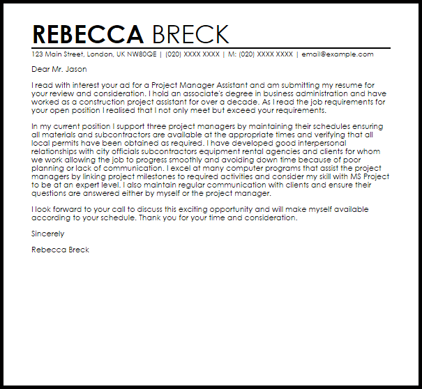 Project Manager Assistant Cover Letter Resume Letter