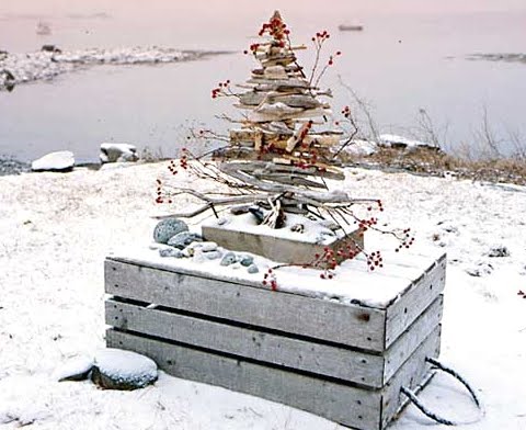 driftwood Christmas tree in Maine in winter