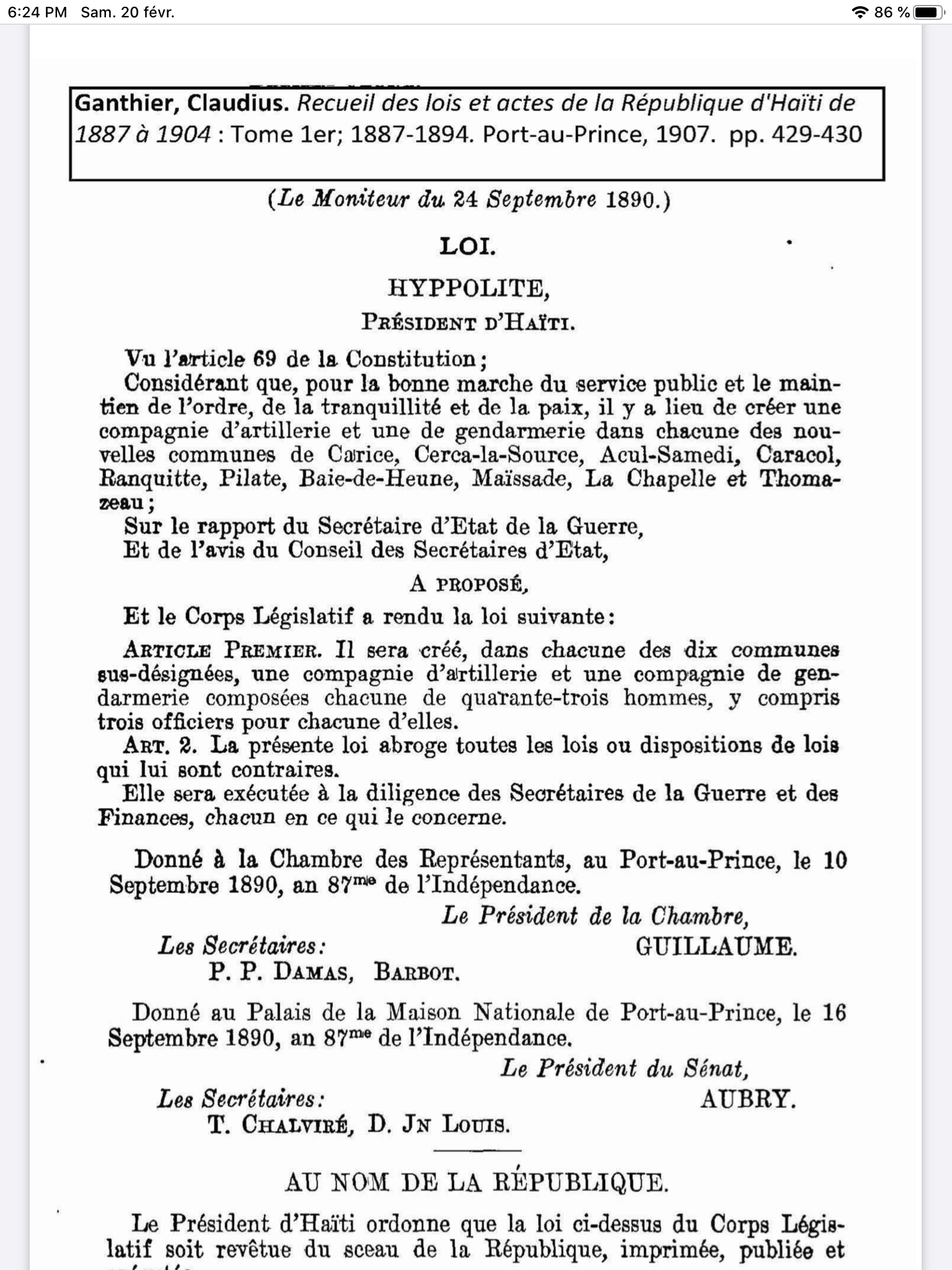 Loi portant création de l'Arrondissement de Plaisance.