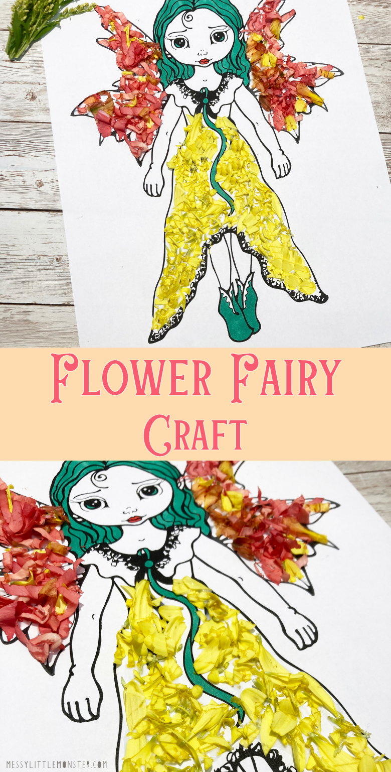 Easy flower fairy craft for kids using fairy colouring page. Nature craft.