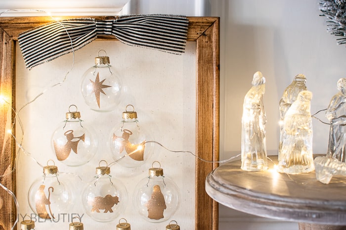glitter ornament nativity in a picture frame