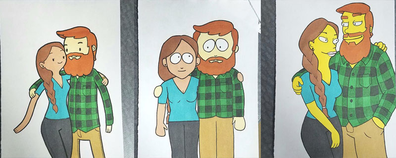 Una pareja se dibuja en 10 estilos de ilustración distintos Una pareja se dibuja en 10 estilos de ilustración distintos