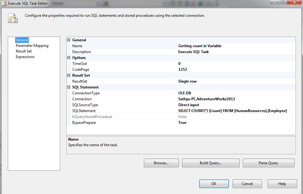 sql task with parameter mapping ssis