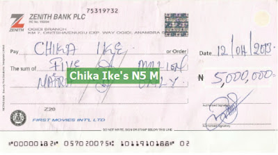 chika ike 5 million naira cheque