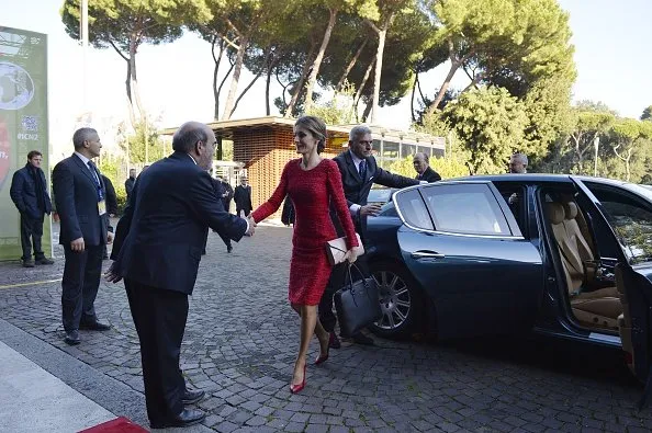 Director of the FAO Jose Da Silva greets Queen Letizia of Spain as she arrives at the FAO headquarter for the second international conference on nutrition