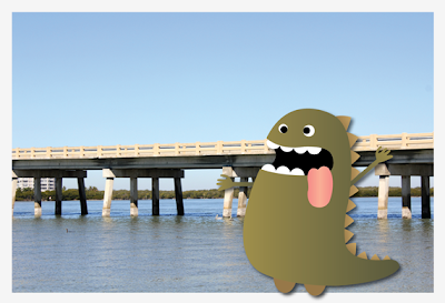 digital cartoon monster by a Mississippi river bridge