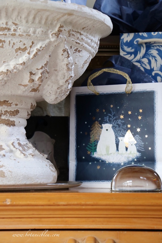 French country blue Christmas presents in a dark blue bag with adorable white polar bears