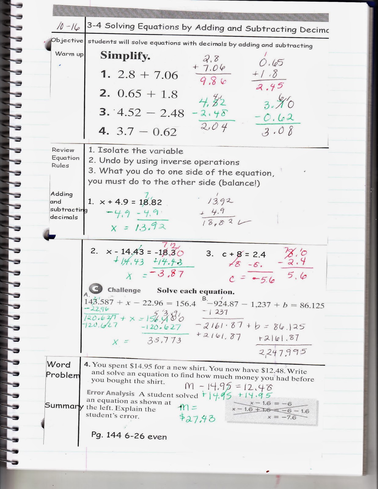 Ms. Jean's Classroom Blog: 3-4 Solving Equations by Adding and