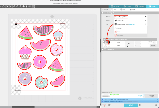 Изаберите Стицкер Папер Вхите и прилагодите поставке налепнице, камеја 4, штампање и резање, папир за налепнице, подешавања резања