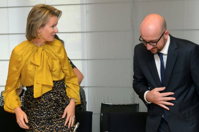 Queen Mathilde of Belgium and Belgian Prime Minister Charles Michel attend a meeting on the fight against child pornography on internet, organized by Child Focus