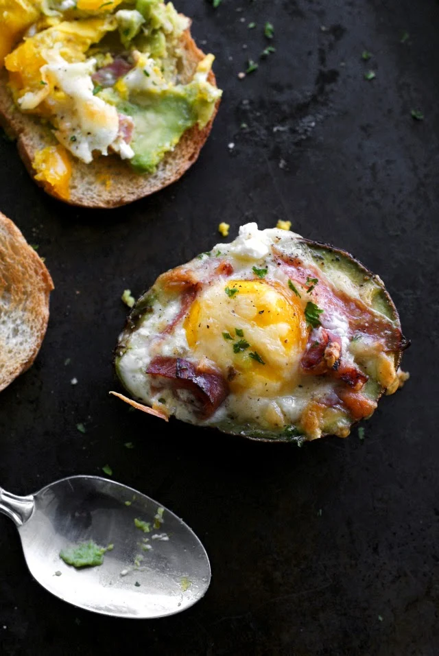 My favorite way to eat avocado baked eggs is spread on toast.  YUM!