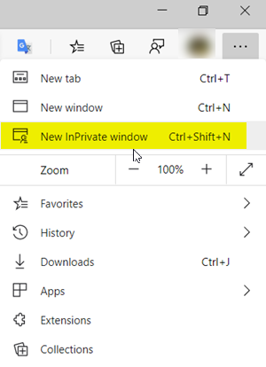 Окно InPrivate в браузере Edge