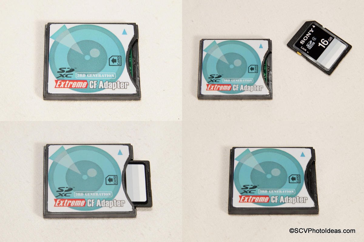 SD/SDHC insertion into CF Adapter stages illustration