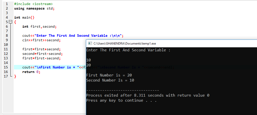 C++Program To Swap A Number Without Using Third Variable