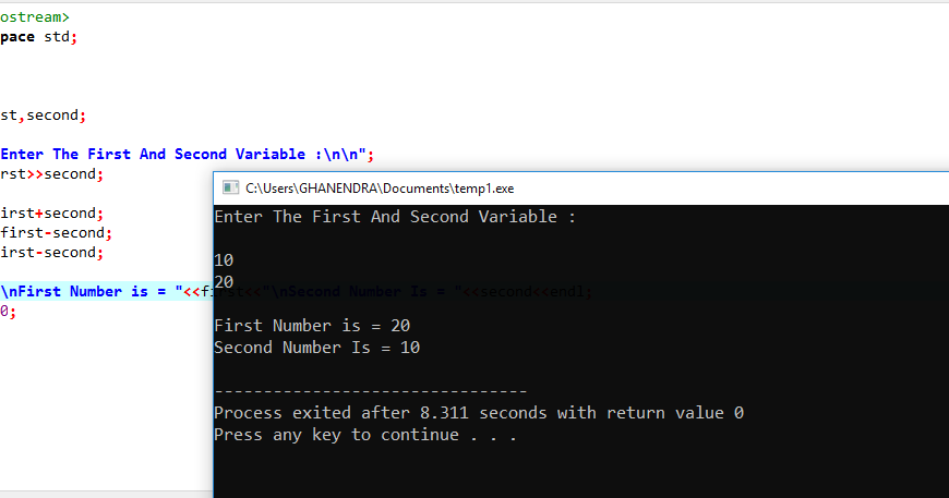 C++Program To Swap A Number Without Using Third Variable